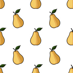 Poster - Seamless vector pattern of hand-drawn pears with green leaves on a white background, featuring a simple, cartoonish style with bold outlines and a warm, autumnal color palette.