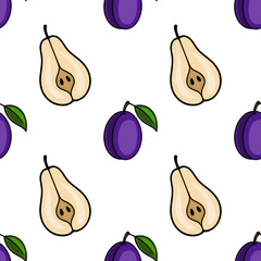 Poster - Seamless vector pattern of halved pears and plums, featuring a vibrant purple and beige color scheme, ideal for kitchen or food-related designs.