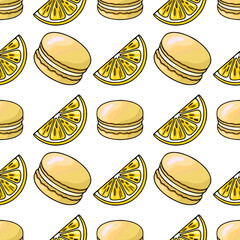 Poster - Seamless vector pattern of pastel yellow macarons and lemon slices, a delightful illustration perfect for summer-themed designs, showcasing a vibrant and appetizing composition.