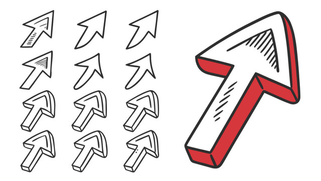 Hand drawn arrow vector set pointing up right direction sketch doodle style navigation cursor graphic design element