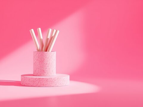 Abstract rendering of light pink cylinders set on elevated platforms with soft shadow in a monochrome scene