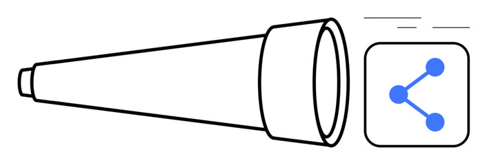 Poster - Telescope emphasizing exploration paired with a sharing icon suggesting digital connection. Ideal for innovation, technology, discovery, communication, digital platforms, networking, simple landing