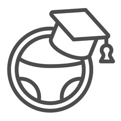 Poster - Steering wheel and hat line icon, driver license concept. Vector graphics. Wheel and driving school graduation cap sign on white background, outline style icon for mobile or web design.