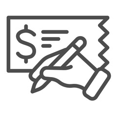 Poster - Check paper with dollar and hand with pen line icon, finance concept. Vector graphics. Financial bill, payment sign on white background, outline style icon for mobile or web design.