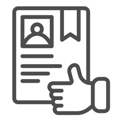 Poster - Certificate of course and thumb up hand line icon, driver license concept. Vector graphics. Driving school document sign on white background, outline style icon for mobile or web design.