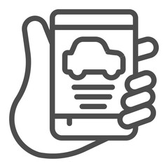 Poster - Smartphone with taxi app in hand line icon, drivers permit concept. Vector graphics. Hand with phone, driving sign on white background, outline style icon for mobile or web design.