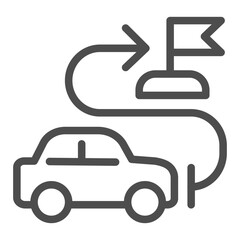 Poster - Car vehicle and destination flag line icon, driving school concept. Vector graphics. Route with location pointer and car sign on white background, outline style icon of mobile or web design.