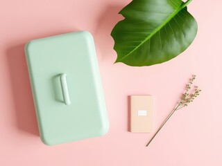 Leinwandbilder - Aesthetic flat lay composition showing a pastel green container with leaf, sprig and notebook on a pink background