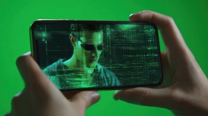 Smartphone displays a person in sunglasses, overlaid with green digital code. Hands hold the device