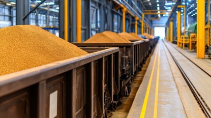 Poster - Industrial warehouse interior with freight train cars loaded with sand, bright lighting