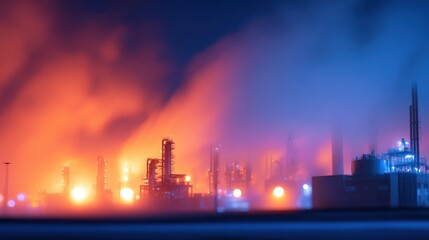 Poster - Industrial landscape at dusk with glowing lights and smoke creating a dramatic atmosphere