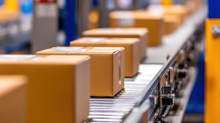 Poster - Packages on conveyor belt in a distribution center, showcasing efficient logistics operations
