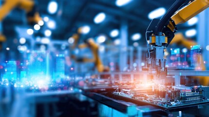 Poster - Advanced robotic arm assembling electronic components in a high-tech factory setting