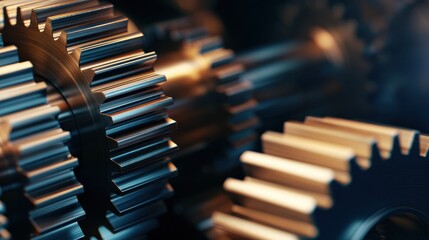 Poster - Close-up of interlocking metallic gears showcasing intricate details and reflections