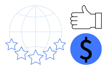 Poster - Globe with five stars, thumbs-up sign, and dollar symbol in blue. Ideal for business excellence, customer satisfaction, global standards, financial success, service quality, branding simple landing