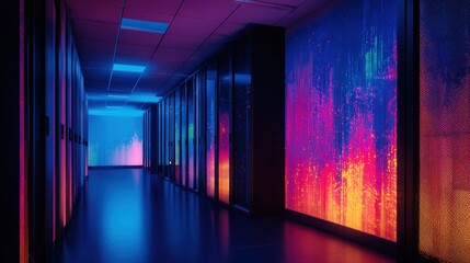 Poster - Vibrant illuminated corridor in a modern data center showcasing colorful light patterns