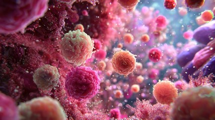 Wall Mural - Discover a mesmerizing 3D animated scene of the gut microbiome featuring a radiant array of bacteria in a fantastical setting. This immersive visualization captures the essential role