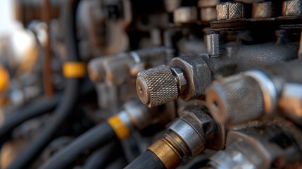 Poster - Close-up of industrial machinery components showcasing intricate valves, pipes, and textures