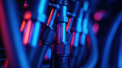 Poster - Close-up of industrial machinery with vibrant blue and red lighting highlighting the pipes