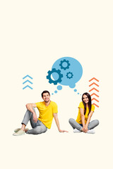 Poster - Trend artwork banner sketch 3D photo collage of young lady man sit smile mind cloud chat cloud sticker message balloon comment cogwheel