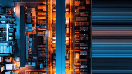 Poster - Aerial view of a bustling warehouse with illuminated storage units and organized logistics