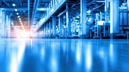 Aufkleber - Industrial interior with blue lighting showcasing machinery and reflections on the floor