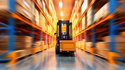 Poster - Forklift transporting goods in a busy warehouse with shelves filled with boxes in the background