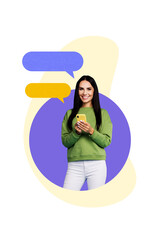 Aufkleber - 3D photo collage template trend artwork sketch of young woman smile hand hold smartphone app apeech cloud mind note comment bubble text