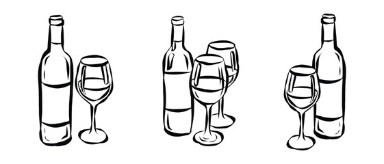 Aufkleber - Whimsical chalk doodles of wine glass and bottle. Quirky icons of breakfast and dinner meals in crayon style. Crayon drawing for menus and invitations. La dolce vita italian vector illustration