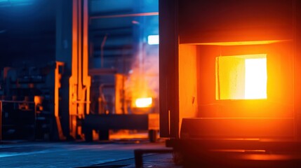 Poster - Glowing furnace in an industrial workshop, casting bright light amidst machinery and tools
