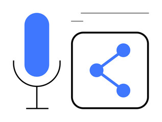 Poster - Blue microphone alongside share icon representing voice communication, podcasting, collaboration, and sharing audio files. Ideal for podcasts, tutorials, networking, broadcasting, audio apps social
