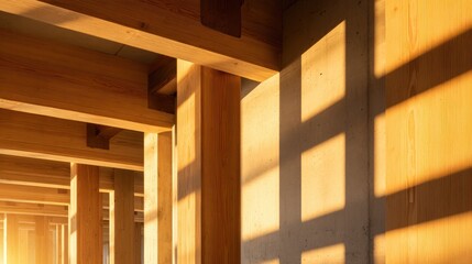 Poster - Sunlight casting shadows on wooden beams in a modern architectural space, showcasing design
