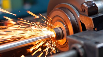 Poster - Close-up of a metalworking lathe producing sparks while shaping a metal rod in a workshop