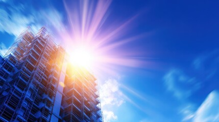 Poster - Modern skyscraper under a bright sun with blue sky and clouds in the background