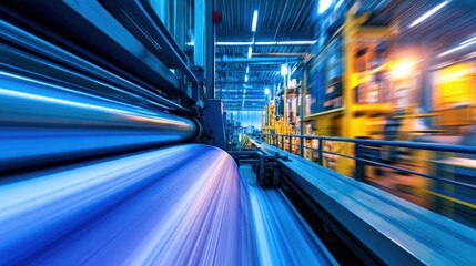 Poster - Industrial production line showcasing machinery in motion with vibrant blue hues and blurred background