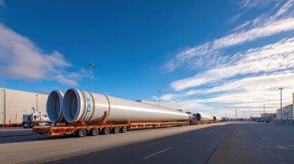 Poster - Large wind turbine blades being transported on a flatbed truck in a sunny industrial area