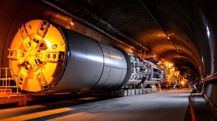 Poster - Tunnel boring machine illuminated in a dark tunnel, showcasing construction activity and equipment