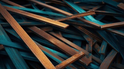 Poster - Abstract composition of rusted metal frames stacked chaotically, showcasing texture and color