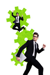 Poster - Trend artwork creative 3D collage of poster young businessman twins walk jump work laptop developer machinery cog support engine synergy