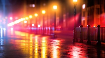 Poster - Vibrant city street illuminated by colorful lights and reflections on wet pavement at night