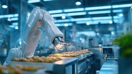 Poster - Robotic arm assembling gourmet dishes in a modern kitchen with vibrant lighting