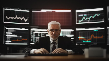 Poster - Financial Expertise: A focused financial professional, illuminated by the glow of multiple screens displaying complex market data, meticulously manages and assesses global economic trends. 