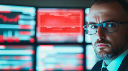 Poster - Intense Focus: A serious financial analyst, clad in a business suit, intently examines a set of illuminated, information-rich displays, his eyes focused on a complex set of data and charts.