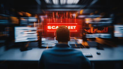 Poster - Cybersecurity Alert: A lone figure stares intently at a computer screen displaying a stark warning.
