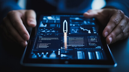 Poster - Digital Launchpad: A person interact with a digital tablet screen, showcasing a rocket launch graphic, representing innovation and digital transformation.