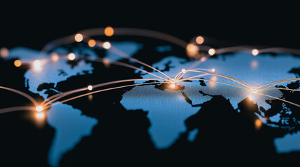 Fototapete - Global Network: A digital rendering of a global network, illuminating connections across continents, representing the interconnectedness of the world and technological advancement.