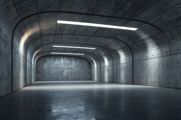 Poster - Futuristic Interior with Curved Concrete Walls, Linear Ceiling Lights, and Reflective Polished Floor – Minimalist Architecture and Industrial Elegance Concept