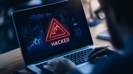 Poster - Cybersecurity Breach: A focused individual intently uses a laptop, the screen displaying a vivid warning about a system compromise, highlighting data security concerns.