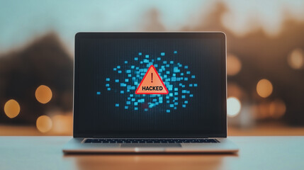 Poster - Digital Breach: A laptop displays an alert with a HACKED message, surrounded by a cluster of digital data points, conveying the concept of cybersecurity threats.