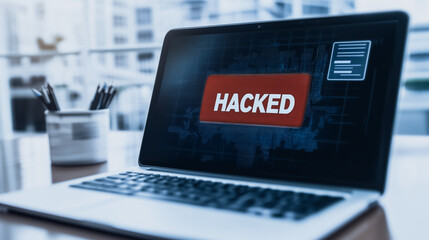 Poster - Laptop Screen Displaying Hacked: A laptop computer screen shows a large red banner with the word Hacked displayed prominently, indicating a cybersecurity breach or data theft.